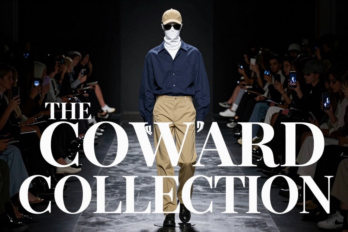 A department store mannequin on a runway wearing khakis, a navy shirt, a white face gaiter, and sunglasses, under the headline the coward collection.