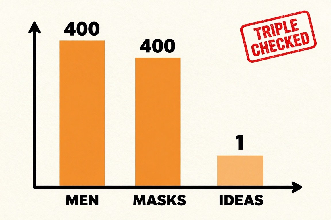 A bar chart with three bars labeled men 400, masks 400, and ideas 1, above a row of tiny identical masked khaki figures.