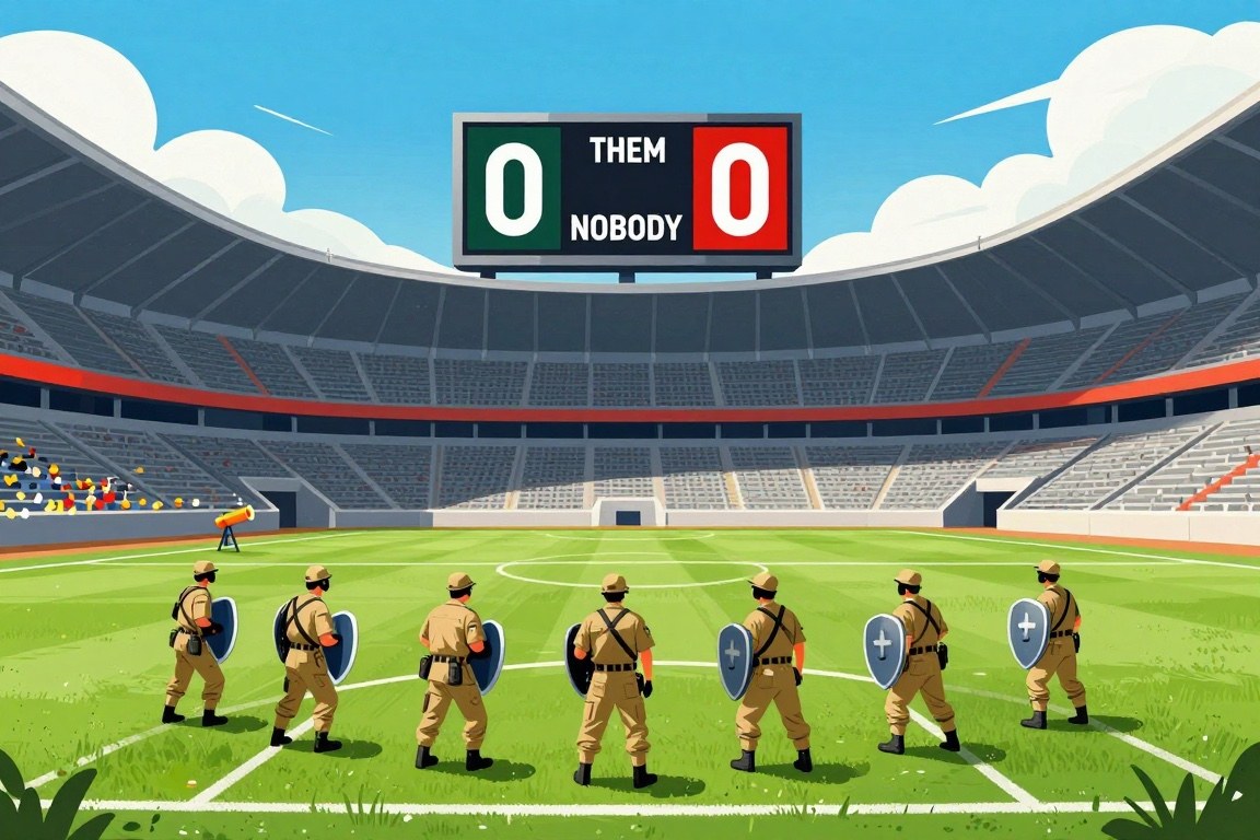 A stadium scoreboard reading final score them zero nobody zero above a small shielded formation on an empty football field.