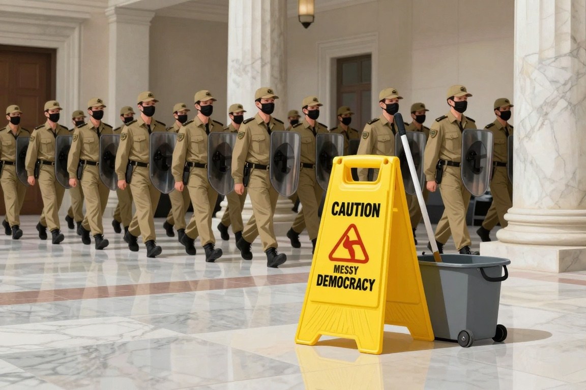 A yellow janitorial caution sign reading caution messy democracy on a marble government floor, with masked marchers reflected in the polish.