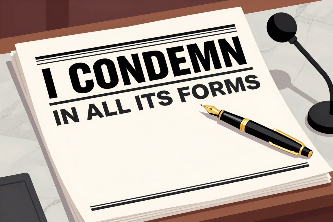 An official statement reading I condemn, then a long empty blank, then in all its forms, with a gold pen lying beside the blank.