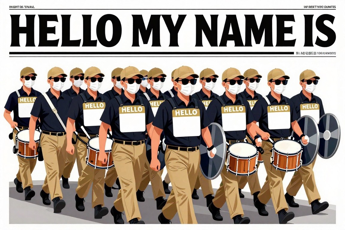 Rows of identical masked men in khaki pants and navy shirts marching with blank name tag stickers under a headline reading proud but anonymous.