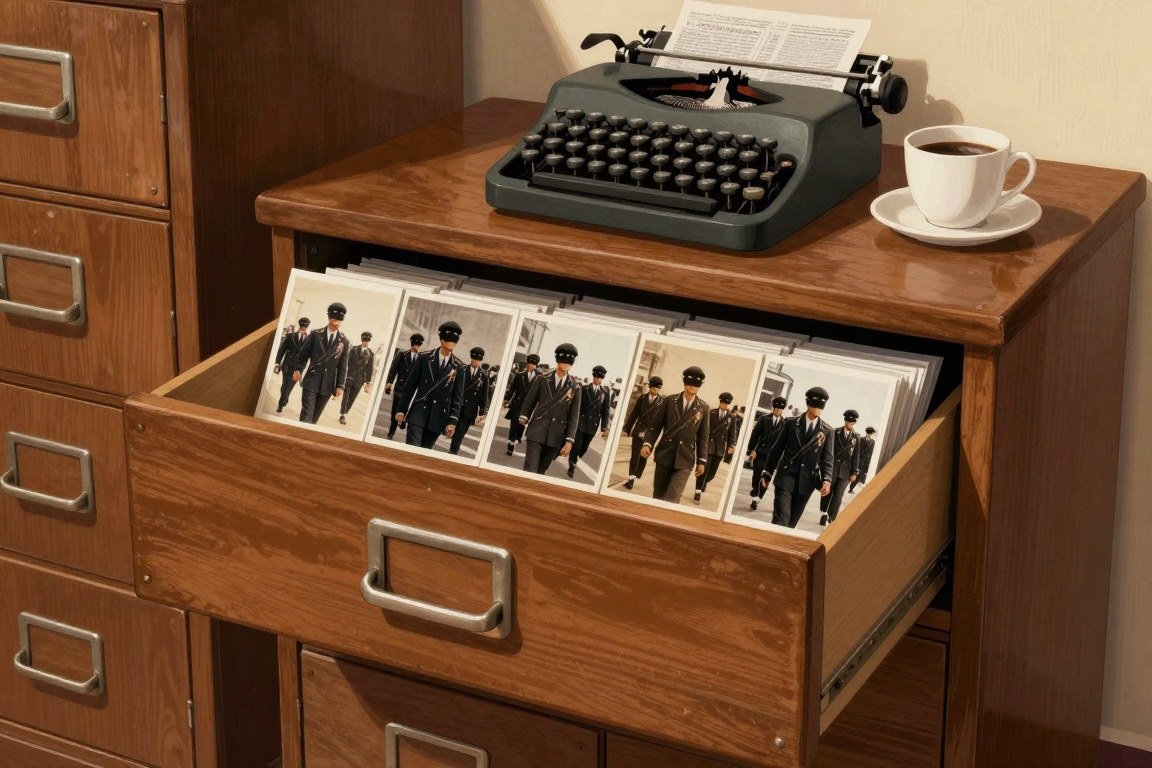 An open archive drawer holding identical photographs of masked marches from different decades, beside a typewriter in warm light.